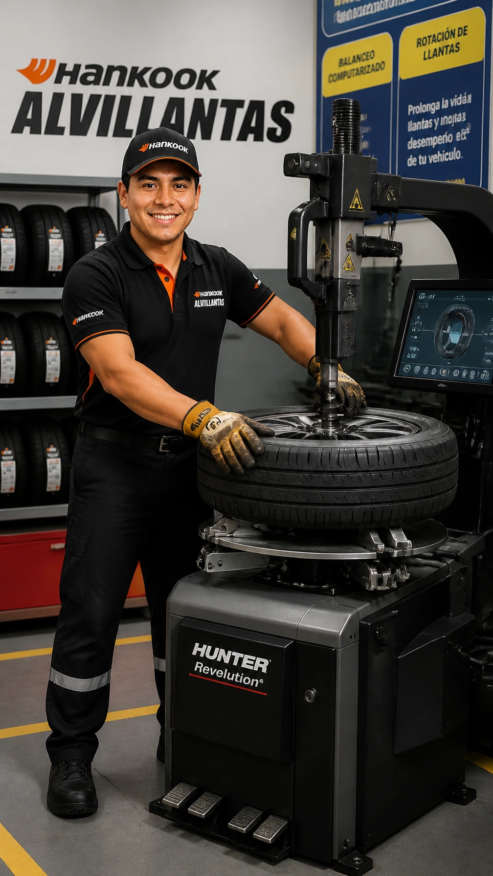 Técnico realizando el enllante de un neumático